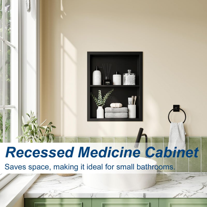 Qeke 14x18 Medicine Cabinet Recessed, Medicine Cabinet Without Mirror, 304 Stainless Steel Medicine Wall Niche with Double Shelves, Matte Black - Image 2