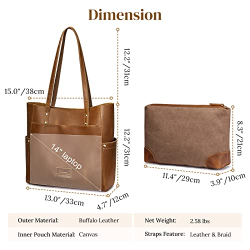 S-ZONE Genuine Leather Tote Bag Large Shoulder Purse Work Vintage Handbag for Women-brown - Image 3