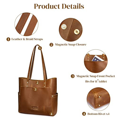 S-ZONE Genuine Leather Tote Bag Large Shoulder Purse Work Vintage Handbag for Women-brown - Image 5