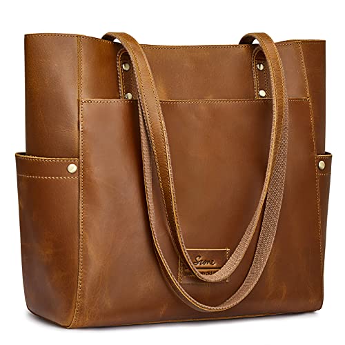 S-ZONE Genuine Leather Tote Bag Large Shoulder Purse Work Vintage Handbag for Women-brown - Image 1