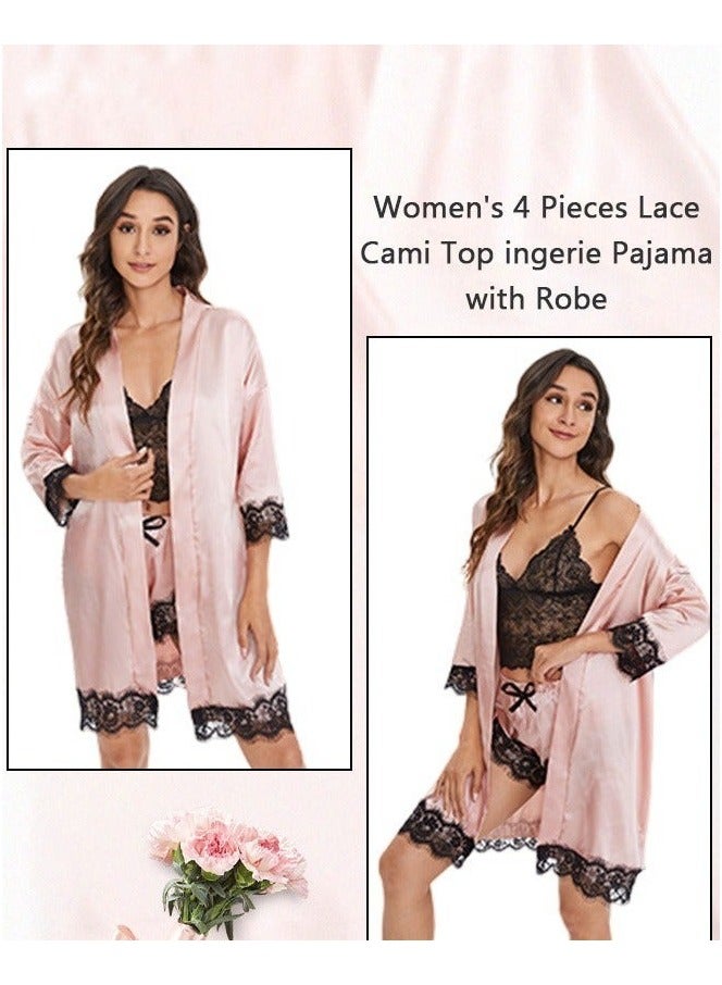 4 Pack Women's Nightwear Set Silk Satin Sleepwear Pajama Summer Home Wearing Clothes Suits Embroidered Breathable Ladies Lingerie Robe Nightdress Underwear Panties - Image 2