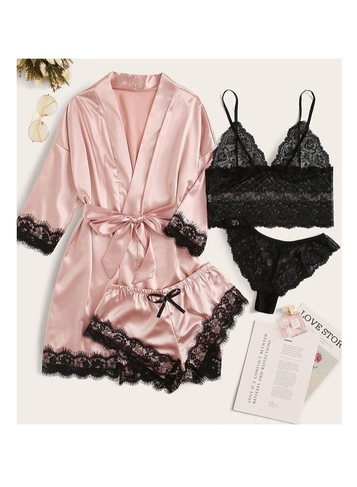 4 Pack Women's Nightwear Set Silk Satin Sleepwear Pajama Summer Home Wearing Clothes Suits Embroidered Breathable Ladies Lingerie Robe Nightdress Underwear Panties - Image 3