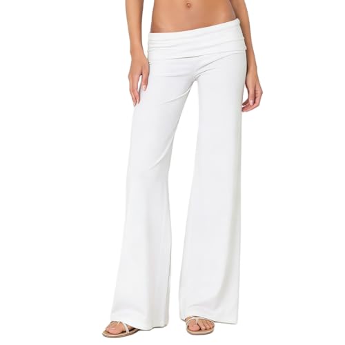 FOMOYUU Lounge Yoga Pants for Women Fold Over Low Waist Wide Leg Sweatpants Flare Leggings Bell Bottoms Y2K Foldover Pants (White, S) - Image 1