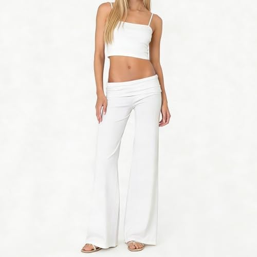 FOMOYUU Lounge Yoga Pants for Women Fold Over Low Waist Wide Leg Sweatpants Flare Leggings Bell Bottoms Y2K Foldover Pants (White, S) - Image 2