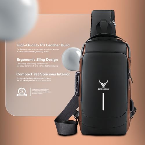 REDHORNS Waterproof Crossbody Chest Bag for Men & Women with USB Charging Port Unisex Design Anti-Theft Zipper Password Lock Shoulder Bag, Sling Bag for Travel (Black, Gold) - Image 3