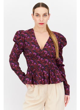 NA-KD Women V-Neck Short Sleeves Floral Print Blouse, Purple  - Image 1