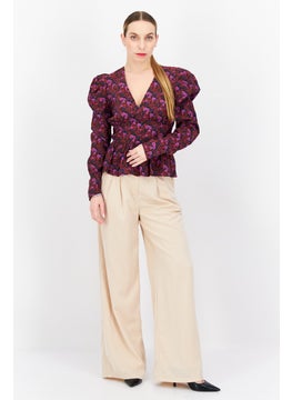 NA-KD Women V-Neck Short Sleeves Floral Print Blouse, Purple  - Image 4
