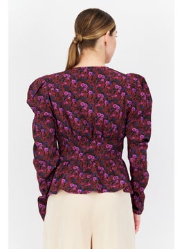 NA-KD Women V-Neck Short Sleeves Floral Print Blouse, Purple  - Image 3