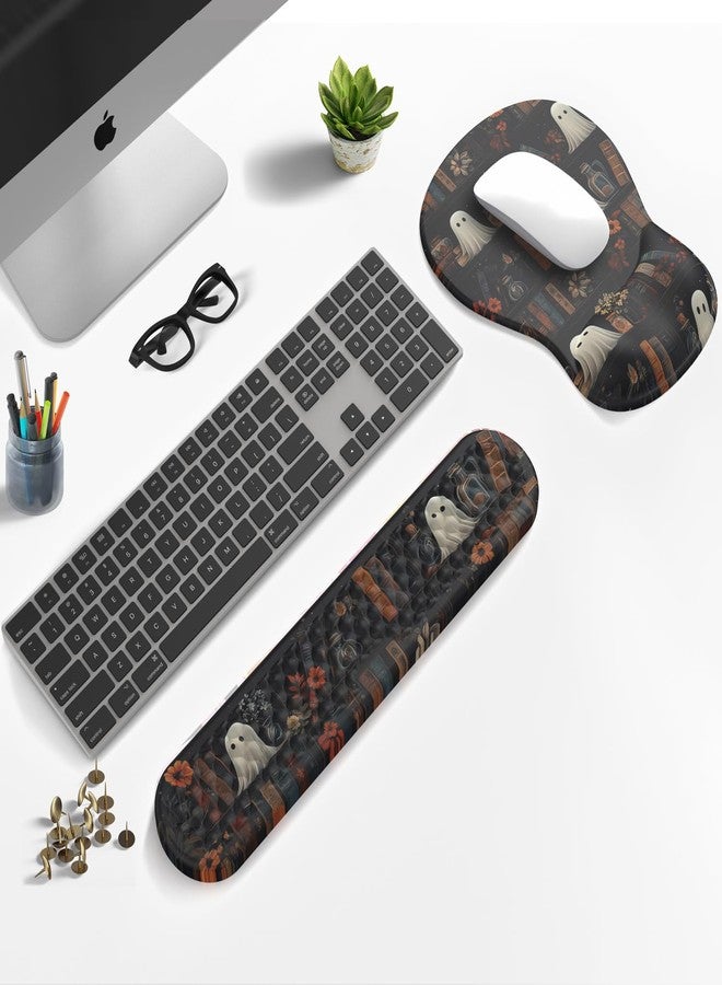 Mechanical Cattle Ghost Book Mousepad with Wrist Rest Halloween Computer Keyboard Mouse Pad Black Cute, Mouse Pad with Wrist Rest for Computer Keyboard, 2 In1 Mousepad with Wrist Support Easy Typing&Relieve Wrist Pai - Image 2