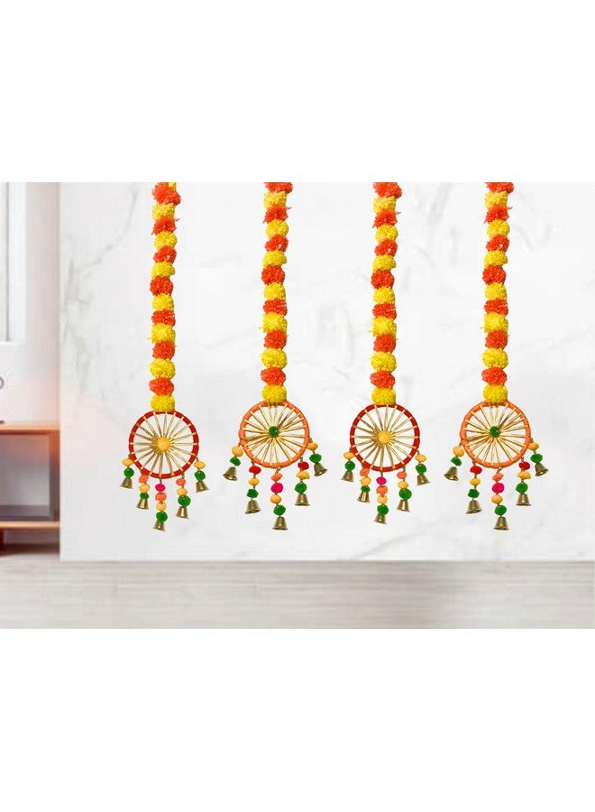 DRYPHON Artificial Marigold Flowers for Decoration with Pom Pom Ring Bell Hanging Garlands for Home Decoration for Diwali Decoration Items | Wedding | Puja Decoration Items for Home (Pack of 4) - Image 1