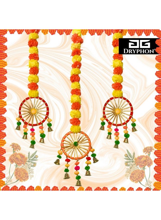 DRYPHON Artificial Marigold Flowers for Decoration with Pom Pom Ring Bell Hanging Garlands for Home Decoration for Diwali Decoration Items | Wedding | Puja Decoration Items for Home (Pack of 4) - Image 3