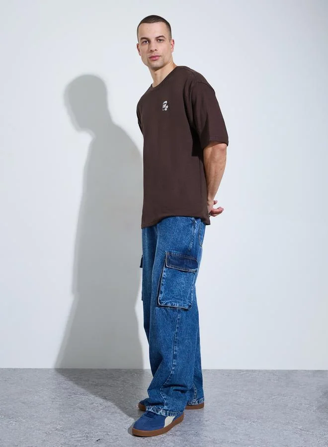 Styli Men Brown Oversized Slogan Print T-Shirt