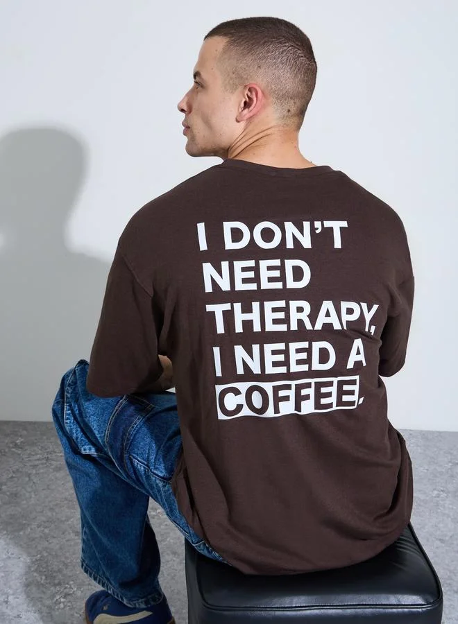 Styli Men Brown Oversized Slogan Print T-Shirt