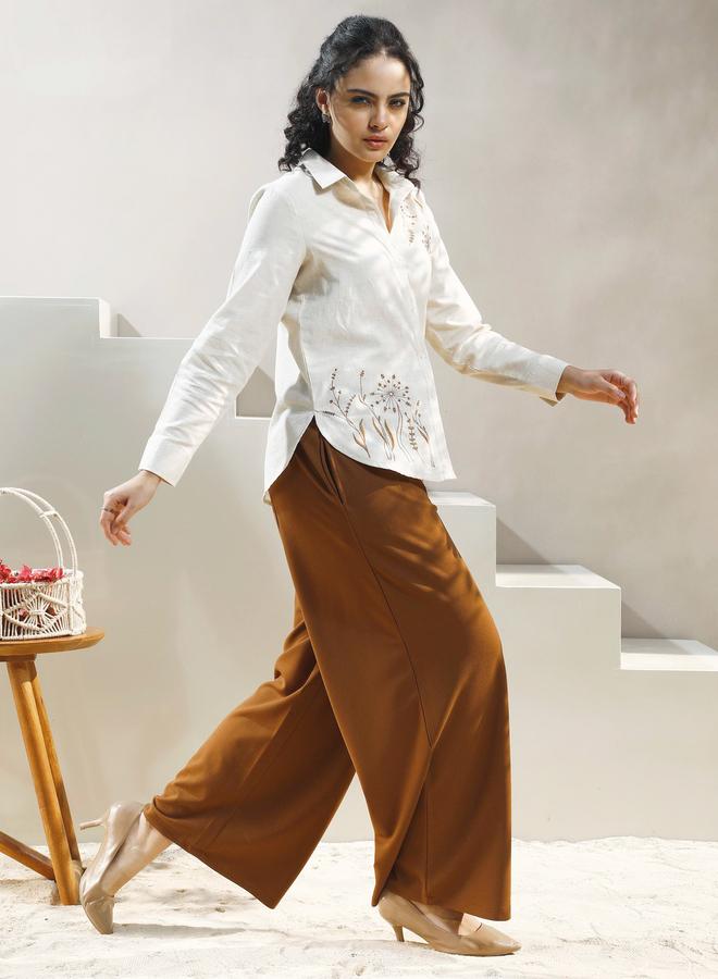 Athena Beige Floral Embroidered Cotton Shirt - Image 4