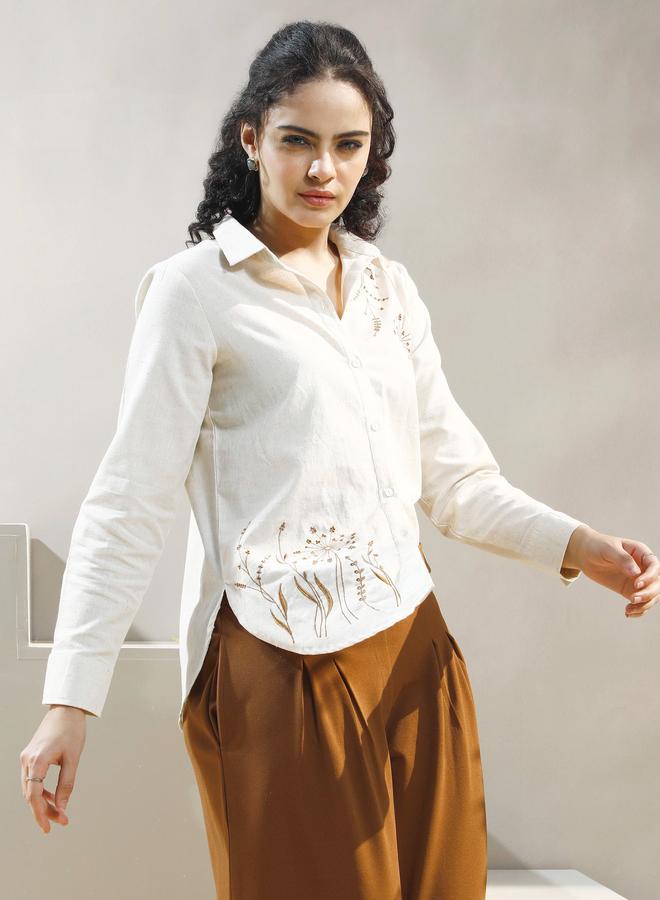 Athena Beige Floral Embroidered Cotton Shirt - Image 3