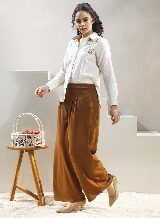 Athena Beige Floral Embroidered Cotton Shirt - Image 2