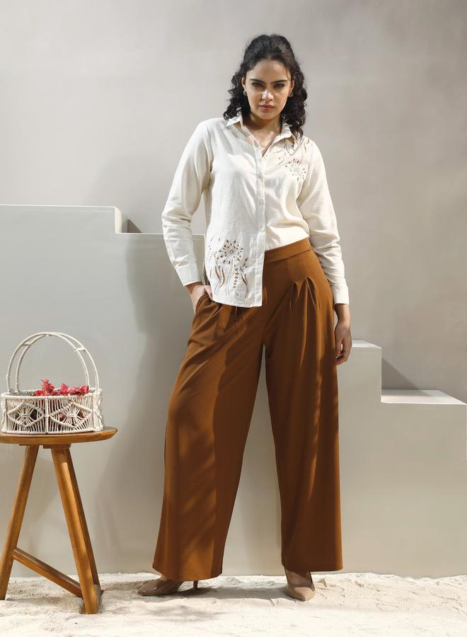 Athena Beige Floral Embroidered Cotton Shirt - Image 1