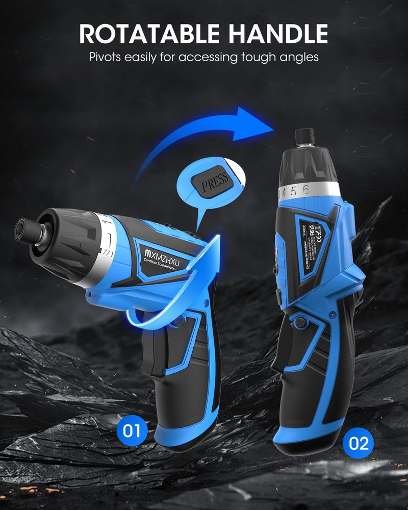 MXMZHXU 8V Cordless Screwdriver,6+1 Torque Max 10N·m Electric Power Screwdriver with 47 Accessories,180°Pivoting Handle, 2000mAh Rechargeable Screw Gun&Bit Set with LED Light, Flexible Shaft,for Home,Office - Image 5
