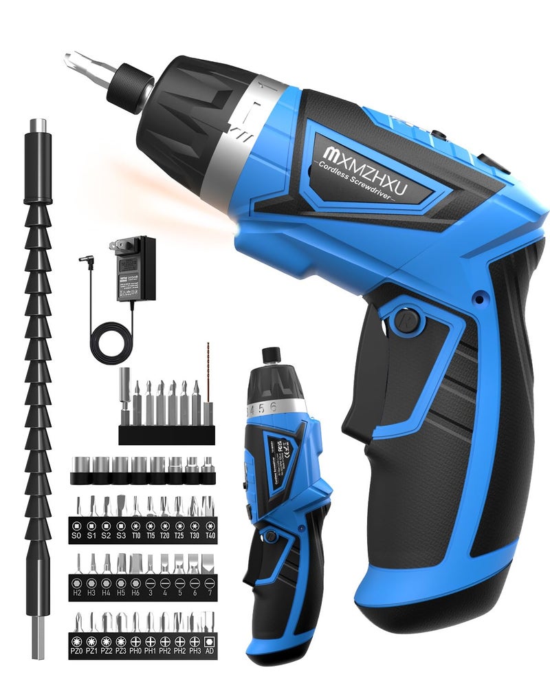 MXMZHXU 8V Cordless Screwdriver,6+1 Torque Max 10N·m Electric Power Screwdriver with 47 Accessories,180°Pivoting Handle, 2000mAh Rechargeable Screw Gun&Bit Set with LED Light, Flexible Shaft,for Home,Office - Image 1