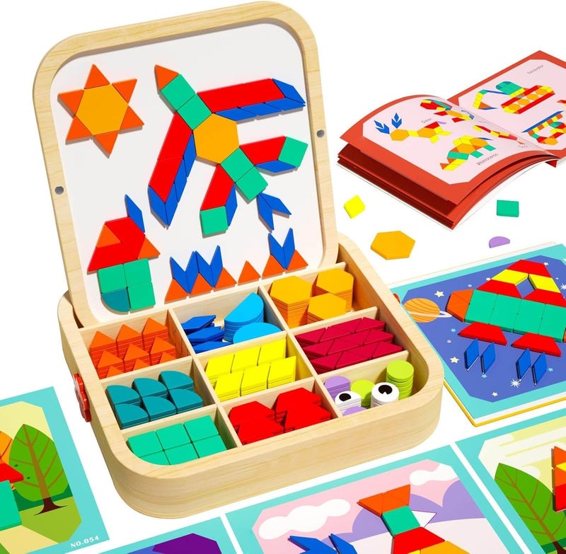 EDUTREE Magnetic Wooden Tangram Puzzle Set – Montessori Geometric Shape Blocks, Colorful Montessori Sorting & Stacking Game, Early Learning STEM Educational Toy for Kids 3+ with Wooden Storage Box - Image 1