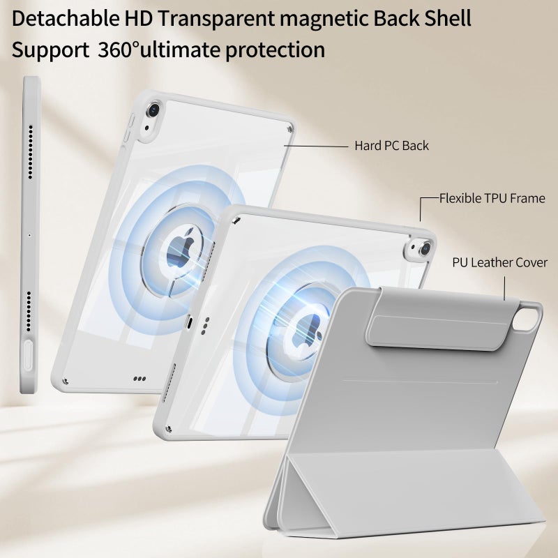 KENKE Magnetic Case for iPad A16 11th/10th Generation (11/10.9 Inch, 2025/2022) with Pencil Holder, Magnetic Detachable Hybrid Stand, Clear Hard PC Back Shell, Portrait/Landscape Angle, Gray - Image 2