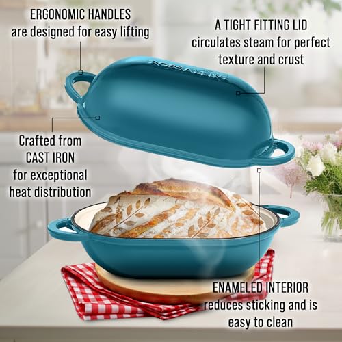 ROSSALLINI Signature Enameled Cast Iron Sourdough Bread Oven | Non-Stick with Tight Fitting Lid for Perfect Baking and Bread Making | 2QT Oval Oven With Lid [Ocean Blue] - Image 4