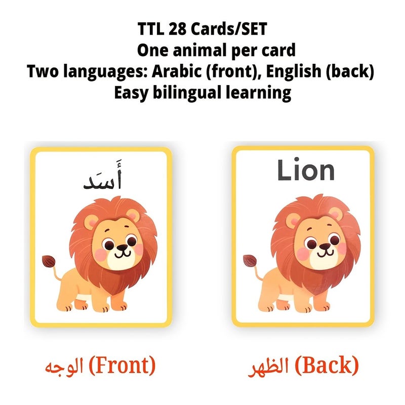 112 بطاقة تعليمية ثنائية اللغة (عربي/إنجليزي) لمفردات الحيوانات والفواكه والخضروات وأجزاء الجسم - مجموعة بطاقات تعليمية للأطفال وأدوات مدرسية - Image 1