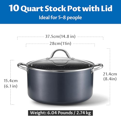 BEZIA 10 Quart Cooking Pot, Large Non Stick Induction Stock Pots with Lid, All Stove Compatible, 10 QT Aluminum Soup/Stew Pot For Large Families or Meal Prepping, Grey - Image 2