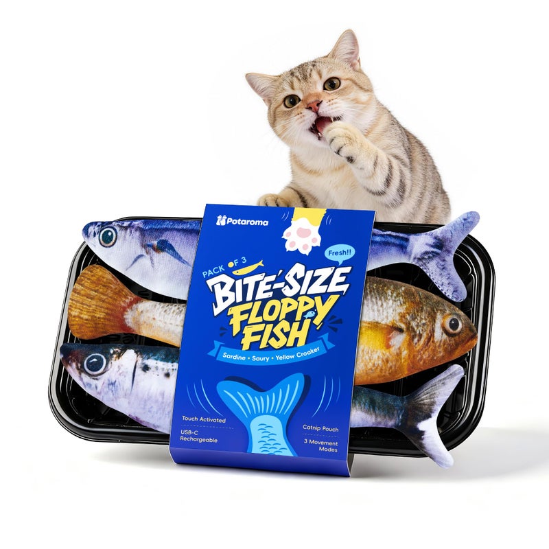 Potaroma Cat Toys Bite-Sized Flopping Fish with Catnip, Realistic Tap-Activated Moving Kitten Kicker, 3 Floppy Mode Wiggle Sardine/Saury/Yellow Croaker Interactive Motion Kitty Exercise - Image 1