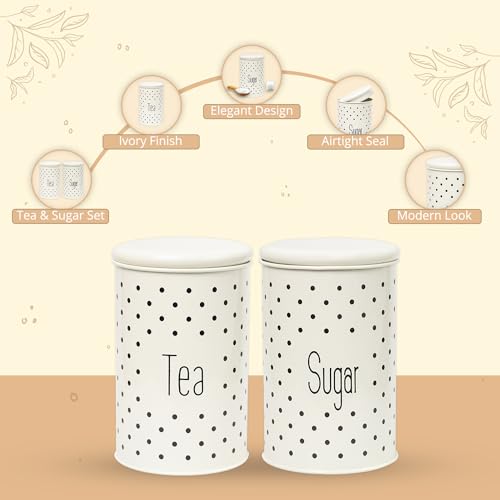 MARKET 99 Glossy Ivory Metal Tea and Sugar Jar Set (1000ml Each) | Leak-Proof Cylindrical Kitchen Storage Containers for Tea, Sugar and Dry Food | Elegant Food Canister Set for Pantry Organization - Image 2
