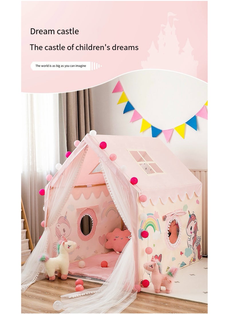 CUNUUDOOL Kids Play Tent Indoor, Kids Playhouse Set With Ball Lights, Colorful Flags, Soft Cotton Mat, Pinky Unicorn Theme Decoration With Solid Odorless Wood Frame, Girls Princess Tent Toddler Castle For Children Outdoor, Gift For Girls Birthday  - Image 5