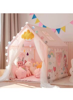 CUNUUDOOL Kids Play Tent Indoor, Kids Playhouse Set With Ball Lights, Colorful Flags, Soft Cotton Mat, Pinky Unicorn Theme Decoration With Solid Odorless Wood Frame, Girls Princess Tent Toddler Castle For Children Outdoor, Gift For Girls Birthday  - Image 1