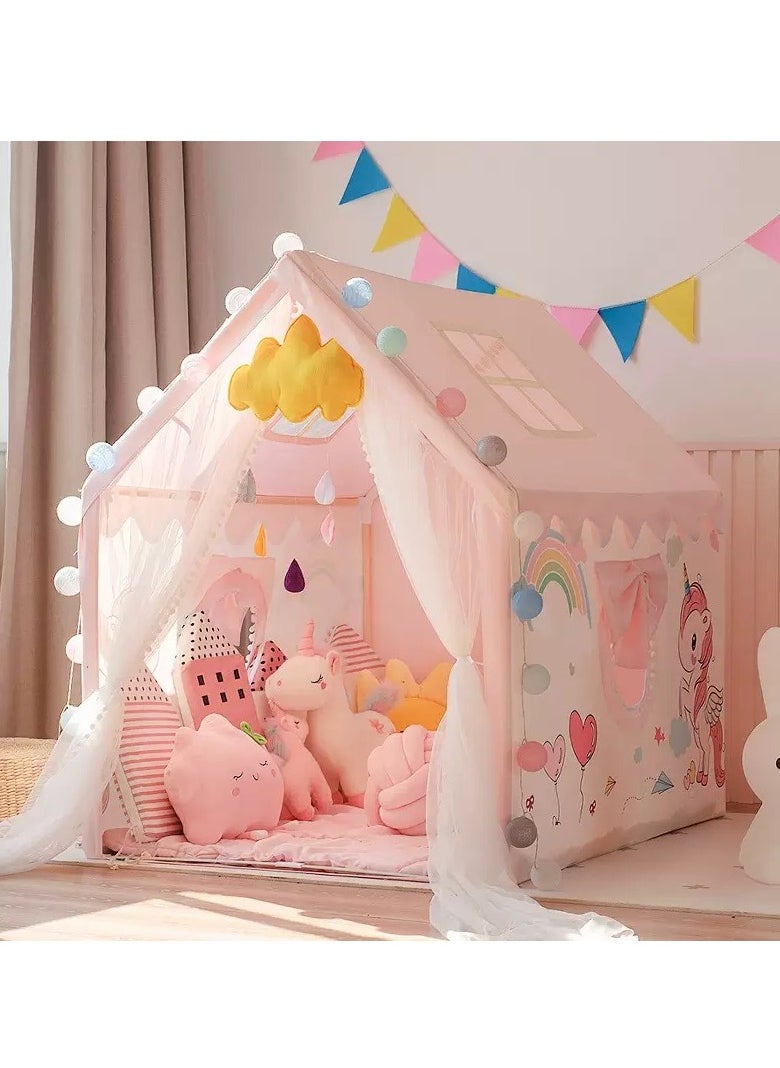 CUNUUDOOL Kids Play Tent Indoor, Kids Playhouse Set With Ball Lights, Colorful Flags, Soft Cotton Mat, Pinky Unicorn Theme Decoration With Solid Odorless Wood Frame, Girls Princess Tent Toddler Castle For Children Outdoor, Gift For Girls Birthday  - Image 1