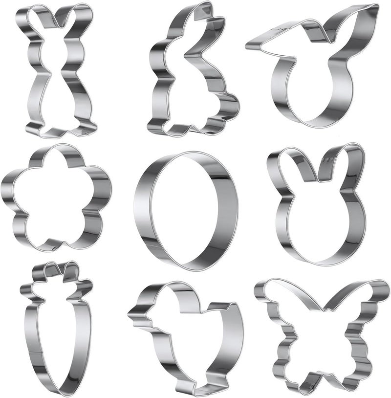 SMASOLO Easter Cookie Cutters Set 9pcs Metal Chicken and Bunny Biscuit Mold DIY Cute Cookie Cutters for Party and Festival Baking - Image 1