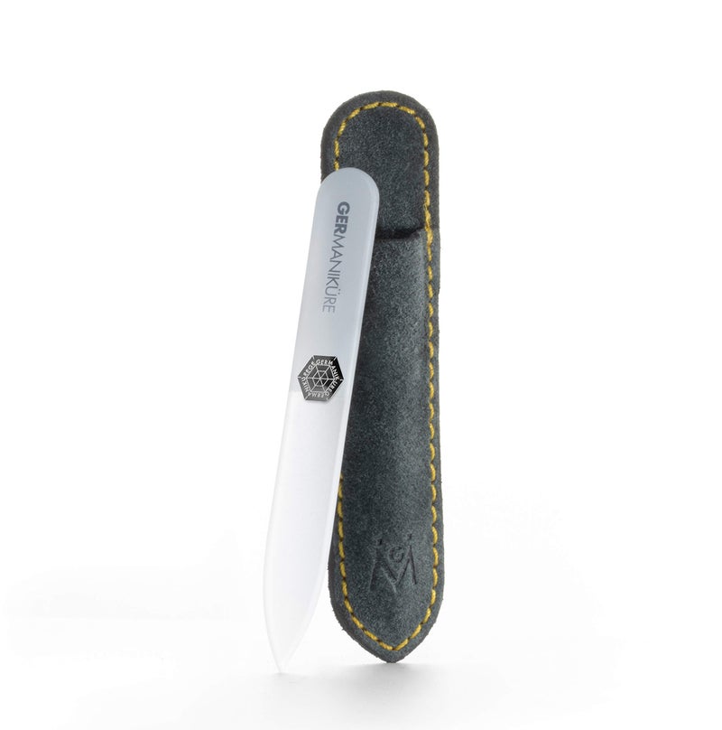 GERMANIKURE Czech Crystal Gray Glass Nail File in Suede Leather Case - Small Travel Design - Professional Manicure & Pedicure Products for Smooth Easy Shaping of Natural Nails - Image 1