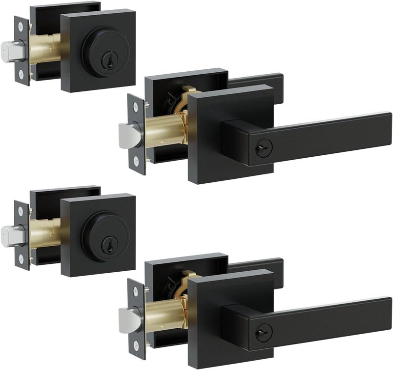 Hidalife 2 حزمة مقبض باب دخول بمفتاح واسطوانة واحدة Deadbolt Combo مجموعة قفل باب مربع عالي التحمل للمكتب وأمن المنزل قابل للعكس للجانب الأيمن والأيسر أسود غير لامع - Image 1