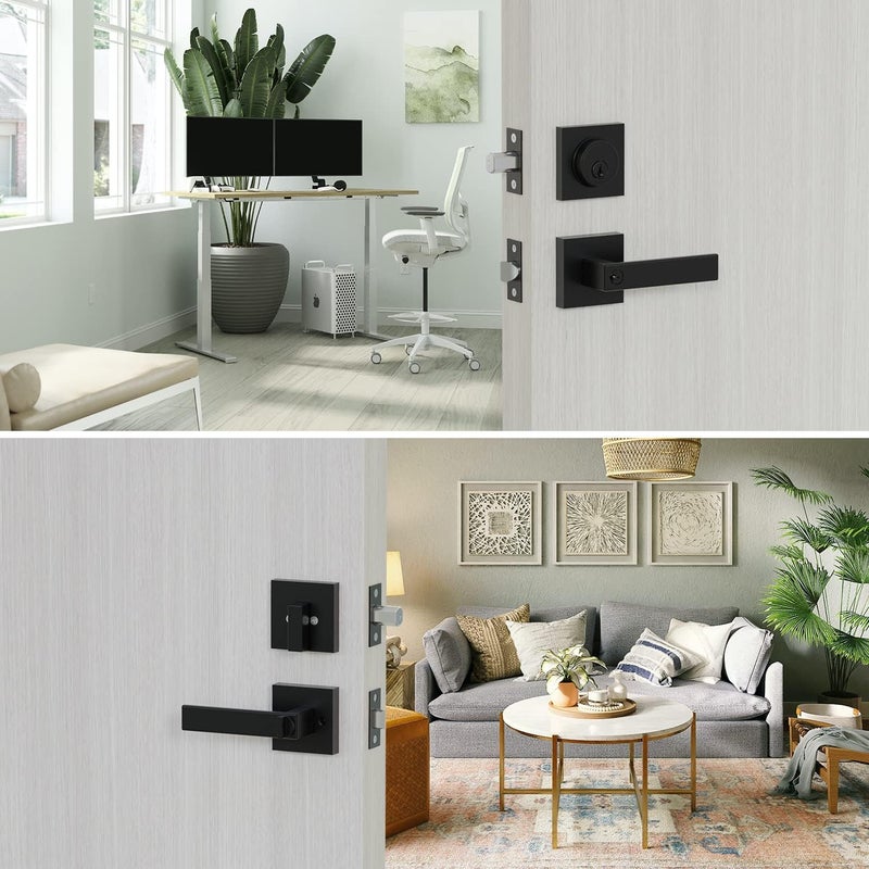 Hidalife 2 حزمة مقبض باب دخول بمفتاح واسطوانة واحدة Deadbolt Combo مجموعة قفل باب مربع عالي التحمل للمكتب وأمن المنزل قابل للعكس للجانب الأيمن والأيسر أسود غير لامع - Image 5