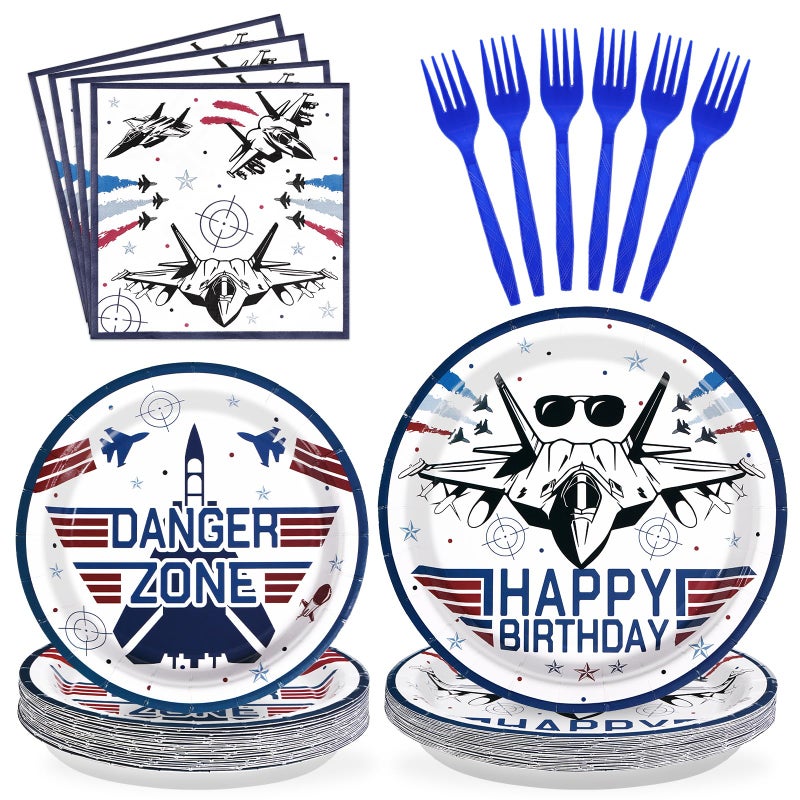 Grencian 96 PCS Fighter Jet Pilot Birthday Party Decorations 350 GSM Military Jet Party Plates and Napkins Tableware Set Airplane Birthday Party Decorations for Pilot Birthday Aviation Party Supplies Serves 24 - Image 1