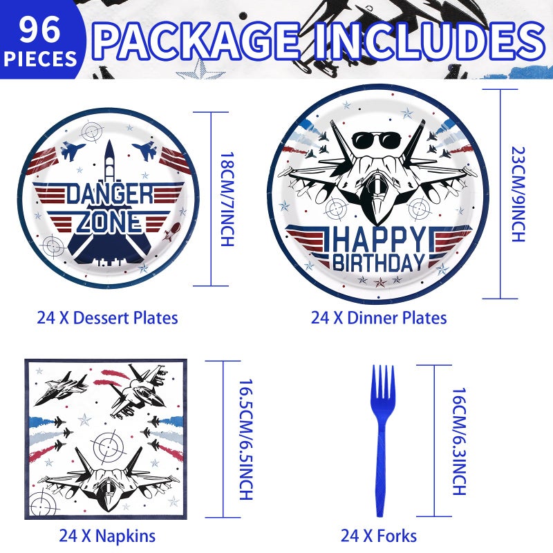 Grencian 96 PCS Fighter Jet Pilot Birthday Party Decorations 350 GSM Military Jet Party Plates and Napkins Tableware Set Airplane Birthday Party Decorations for Pilot Birthday Aviation Party Supplies Serves 24 - Image 2