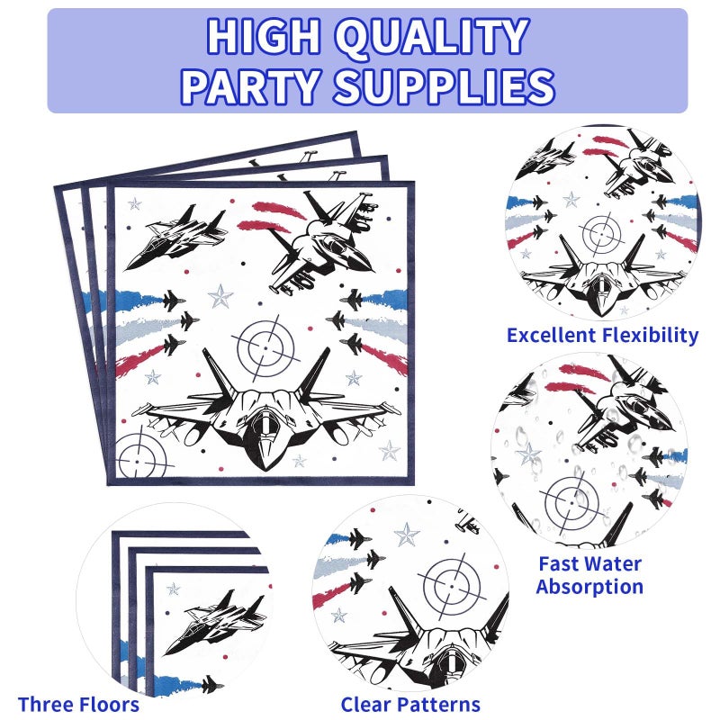 Grencian 96 PCS Fighter Jet Pilot Birthday Party Decorations 350 GSM Military Jet Party Plates and Napkins Tableware Set Airplane Birthday Party Decorations for Pilot Birthday Aviation Party Supplies Serves 24 - Image 4