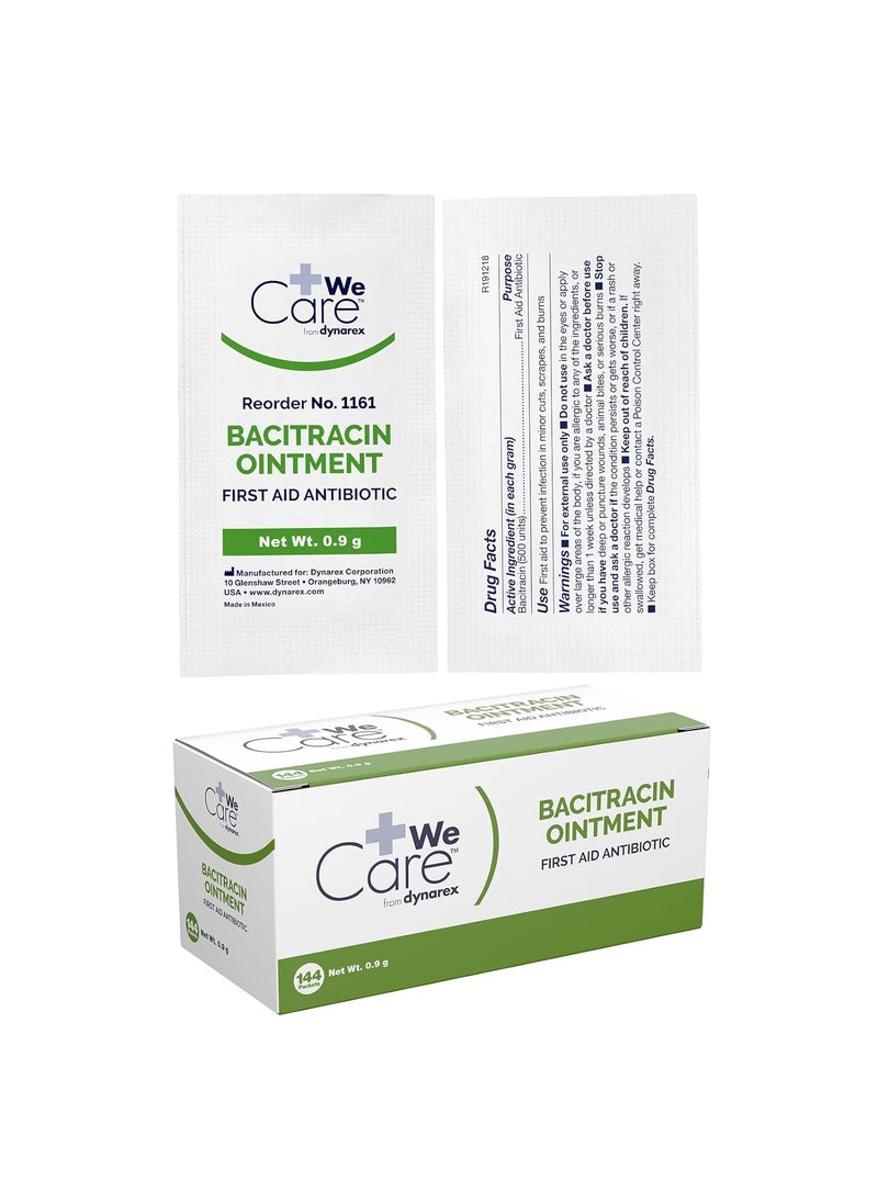 Dynarex Dynarex Bacitracin Topical Ointment USP - First Response Wound Care Supplies for Minor Cuts, Scrapes & Burns - Helps Keep Wounds Clean - 1 Box of 144-0.9g Packets 