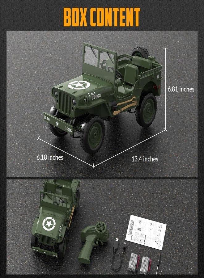 RABJET Remote Control Truck Off Road - 4x4 1/10 Scale Willys Army Rock Crawler RC Truck with Winch&Car Cover, 40Mins Play Time All Terrain Offroad RC Car, Military Vehicle Toys (RC MILETRY Truck) - Image 2