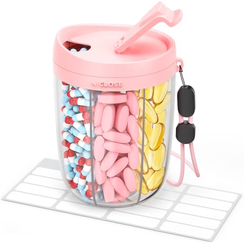 AMOOS Large Pill Dispenser with 6 Compartments, Anti-Mix Pill Bottle Organizer with Wide Opening & Easy Retrieval, Vitamin Organizer for Travel, BPA-Free Pill Box with a Strap, Pink - Image 1