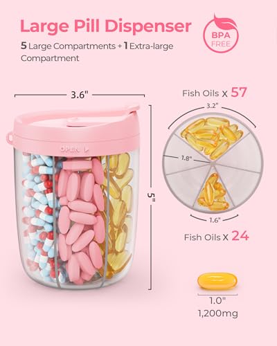 AMOOS Large Pill Dispenser with 6 Compartments, Anti-Mix Pill Bottle Organizer with Wide Opening & Easy Retrieval, Vitamin Organizer for Travel, BPA-Free Pill Box with a Strap, Pink - Image 2