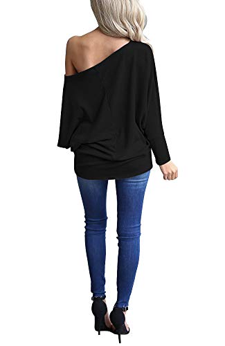 Lacozy Off The Shoulder Tops for Women Long Sleeve Casual Batwing Tunic Shirt Blouse Black L - Image 4