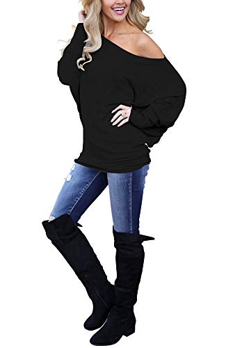 Lacozy Off The Shoulder Tops for Women Long Sleeve Casual Batwing Tunic Shirt Blouse Black L - Image 3