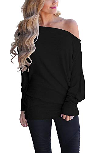 Lacozy Off The Shoulder Tops for Women Long Sleeve Casual Batwing Tunic Shirt Blouse Black L - Image 5