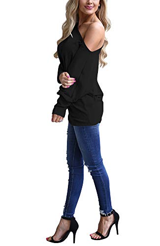 Lacozy Off The Shoulder Tops for Women Long Sleeve Casual Batwing Tunic Shirt Blouse Black L - Image 2
