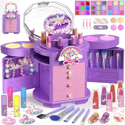 PERRYHOME Kids Makeup Set for Girls 63 Pcs Washable NonToxic Real Cosmetic Toddler Makeup Kit Unicorn Princess Makeup Birthday Gift 2026 New CPF Sustainable Materials Girl Gifts for 312 - Image 1