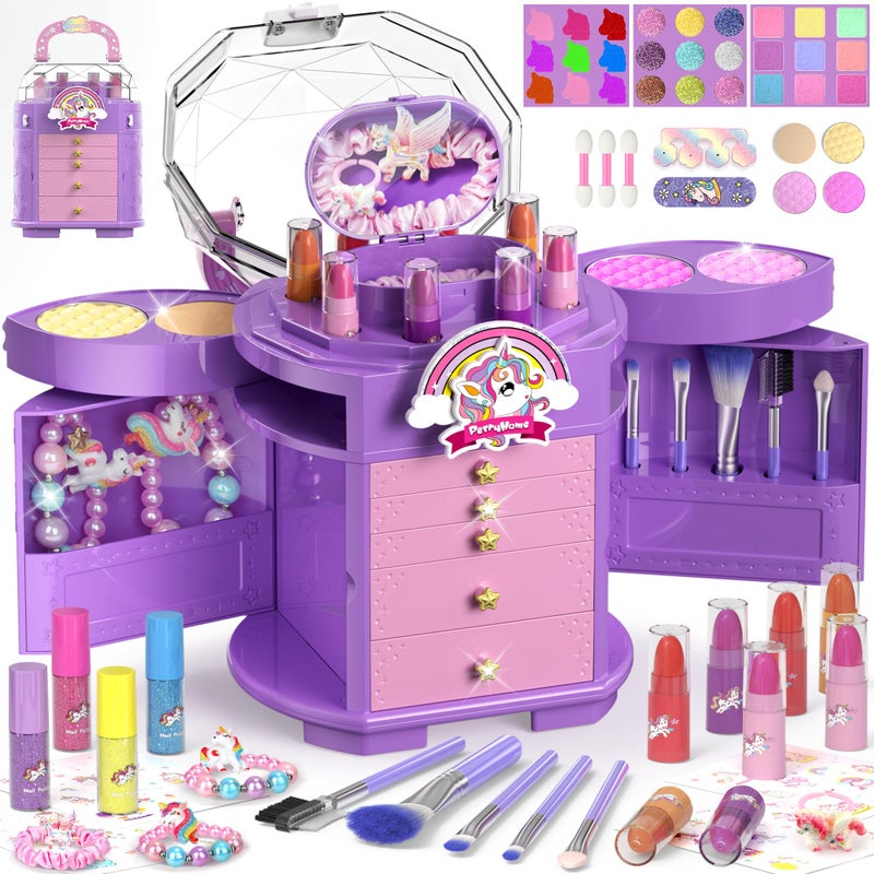 PERRYHOME Kids Makeup Set for Girls 63 Pcs Washable NonToxic Real Cosmetic Toddler Makeup Kit Unicorn Princess Makeup Birthday Gift 2026 New CPF Sustainable Materials Girl Gifts for 312 - Image 2